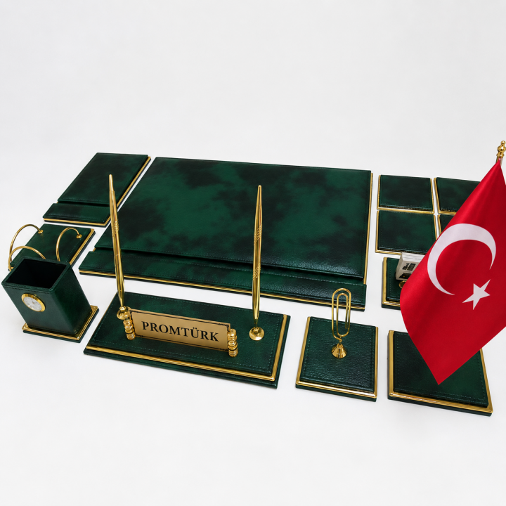 Asos Zümrüt Bulut Yeşili Deri Gold Detaylı Kişiye Özel İsimlikli Lüks Sümen ve Makam Takımı
